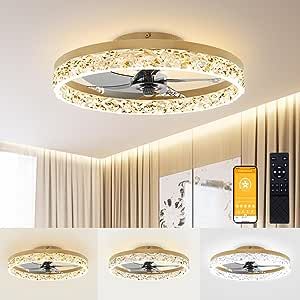 Amazon.com: VOLISUN Fandelier Ceiling Fans with Lights and Remote, 19.7in Low Profile Ceiling Fan Flush Mount, 3000K-6500K Dimmable, Modern Ceiling Fans with Lights for Bedroom, Living Room, Kitchen(Gold) : Tools & Home Improvement Crystal Chandelier Lighting, Flush Mount Ceiling Fan, Fluorescent Tube, Modern Bedroom Decor, Led Ceiling Fan, Fan Lamp, Ceiling Fan With Remote, The Ceiling, Ceiling Fans