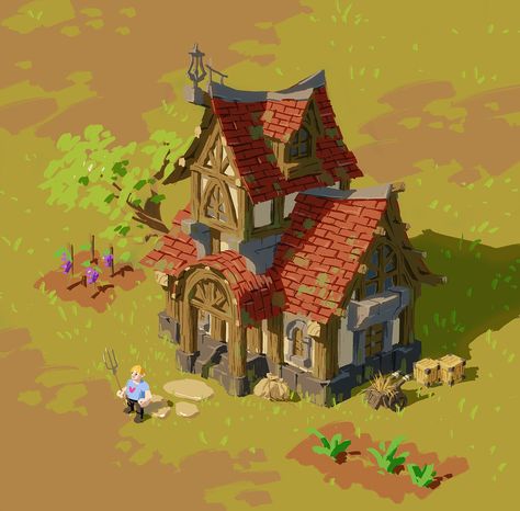 Farmers House, Farmer House, Background Tile, House Cartoon, Environment Props, 2d Game Art, Props Art, Medieval Houses, Building Concept