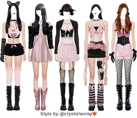 Black And Pink Outfit Ideas Kpop, Black Pink Concert Outfits, Pink Concert Outfits, Black And Pink Outfit Ideas, Black Pink Concert, Looks Show, Pink Fishnets, Black Leather Corset, Kpop Fits