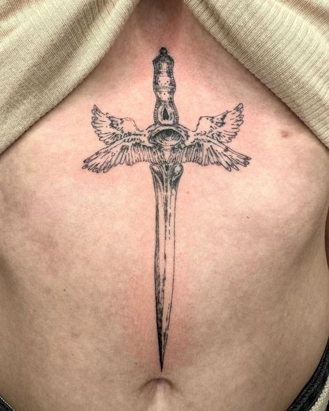 Swords With Wings Tattoo, Knife With Wings Tattoo, Winged Serpent Tattoo, Dagger With Wings Tattoo, Bat Dagger Tattoo, Swords Sternum Tattoo, Chest Dagger Tattoo, Angel Blade Tattoo, Sternum Tattoo Dagger