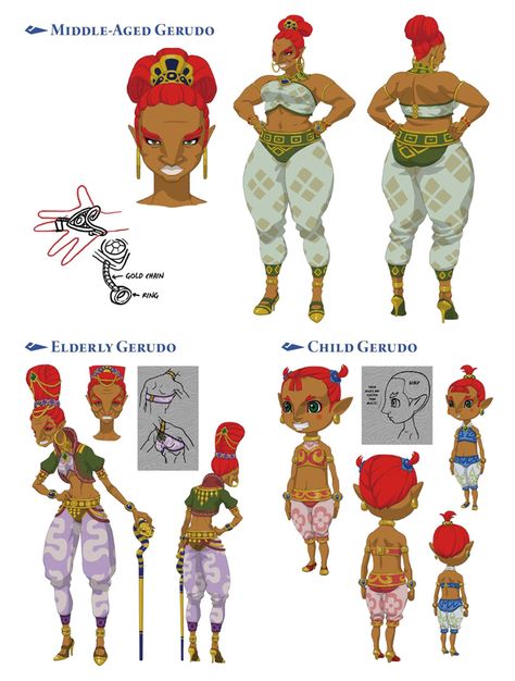 Middle-Aged, Elderly, and Child Gerudo Art from The Legend of Zelda: Breath of the Wild #art #artwork #videogames #gameart #conceptart #illustration #legendofzelda #breathofthewild #zeldabreathofthewild #zelda Gerudo Clothing, Legends Of Zelda Oc, The Legend Of Zelda Gerudo, Zelda Original Character, Gerudo Character Design, Gerudo Fanart, Botw Characters, Urbosa Breath Of The Wild, Gerudo Cosplay