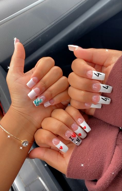 Angel number nails with I LOVE ME design on acrylic nails french manicure quirky nails Extra Long French Tip Nails Square, Angel Number Nail Design, Angel Number Nails 444, Angel Number Acrylic Nails, Numbers On Nails, Nails With Numbers, 444 Nails, Working Nails, Y2k French Tip Nails