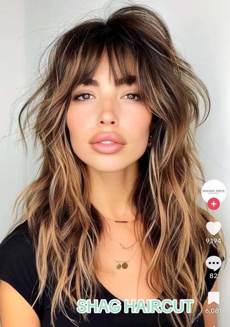 Long Hair And Bangs Round Face, Wispy Bangs And Highlights, Long Choppy Bangs, Long Shag Cut With Bangs Round Face, Light Shag Haircut, Long Shag Hairstyles With Bangs, Wispy Bangs Round Face, Brown Hair With Caramel, Curly To Straight Hair