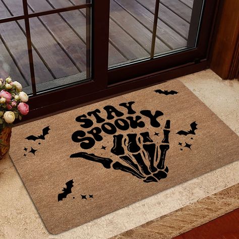 Halloween Skeleton Doormat, Stay Spooky Door Mat, Skeleton Hand Welcome Mat, Spooky Skull Entrance Mat Stay Spooky Doormat, Sip And Paint Halloween Door Mat, House Mats Front Doors, Door Mat Painting Diy Halloween, Diy Halloween Outdoor Rugs, Funny Diy Door Mats, Spooky Door Mat, Halloween Rug Painting Ideas, Halloween Floor Mat