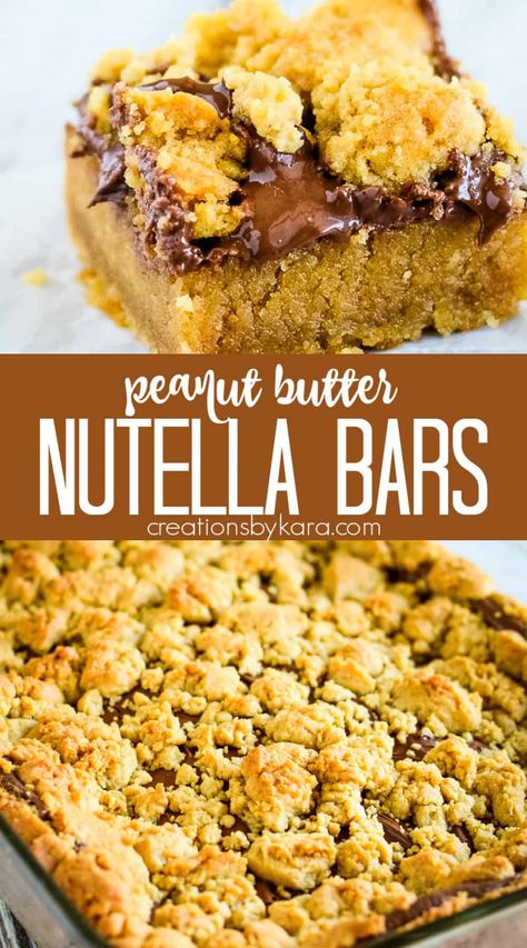 Decadent Nutella Peanut Butter Bars are easy to whip up, but no one can resist them. The creamy nutella filling makes them simply decadent! #peanutbutternutellabars #nutellabars #peanutbutterbars #nutellapeanutbutterbars -from Creations by Kara Nutella Peanut Butter Cookies, Nutella And Peanut Butter Recipes, Nutella Bars, Nutella And Peanut Butter, Nutella Peanut Butter, Nutella Bar, Nutella Sandwich, Nutella Filling, Bar Desserts