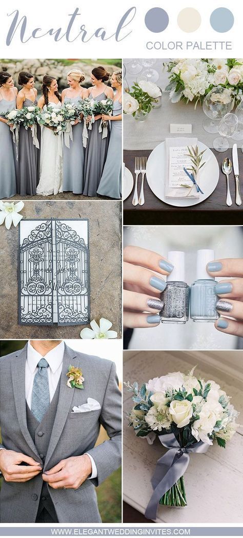 Grey Wedding Theme, Silver Bridesmaid Dresses, Wedding Color Palettes, Grey Wedding Invitations, Neutral Wedding Colors, Navy Wedding Invitations, Trendy Wedding Invitations, Grey Wedding, Wedding Colors Blue