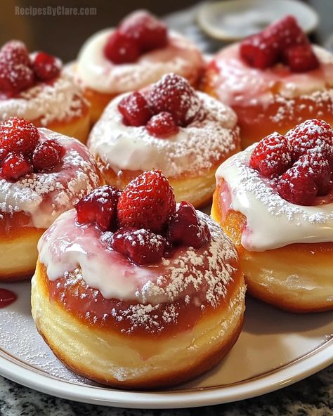 Strawberry Cheesecake Stuffed Donuts - Deliciously Indulgent - Recipes By Clare Strawberry Cheesecake Stuffed Cookies, Little Cheesecakes, Sweet Foods Aesthetic, Christmas Doughnut Ideas, Glazed Donut Aesthetic, Cheesecake Mixture, Indulgent Recipes, Bakery Aesthetic, Strawberry Cheesecake Bites