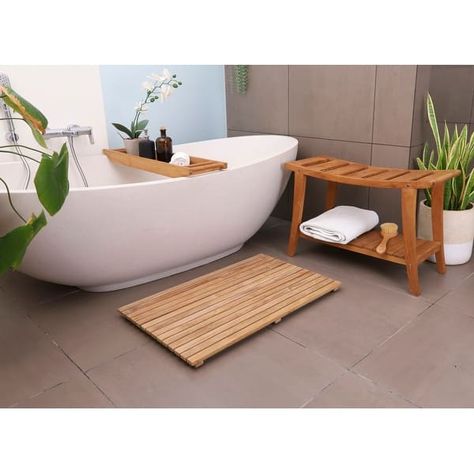 Nordic Style Solid Teak Asian Style Bench with Shelf - Bed Bath & Beyond - 31905847 Teak Shower Mat, Teak Shower Stool, Teak Shower Bench, Shower And Bath, Shower Stool, Wood Bath, Teak Bench, Out Of Space, Mountain Laurel