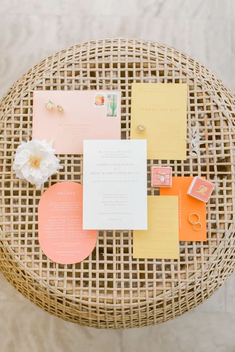 Pink Yellow Weddings, Orange Wedding Themes, Orange And Pink Wedding, Yellow Wedding Invitations, Orange Wedding Invitations, Bright Wedding, Pink Wedding Invitations, Photo Wedding Invitations, Invitation Suites