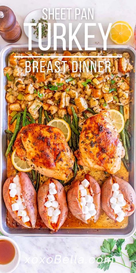 Skip the hassle of cooking the whole turkey. This flavor-packed sheet pan turkey breast dinner is perfect for a delicious Thanksgiving meal. Turkey is something many of us only eat once a year (more than once if you're counting all the meals from leftovers!) But if you don't want to cook a huge turkey, you might prefer this sheet pan turkey breast dinner instead. You still get all the flavor and deliciousness of cooking a whole bird and sides, but with a simpler method. Turkey Breast And Stuffing, Sheet Pan Turkey, Maple Glazed Sweet Potatoes, Cream Cheese Corn, Whole Turkey, Recipe Sheets, Thanksgiving Meal, Delicious Thanksgiving, Turkey Dinner