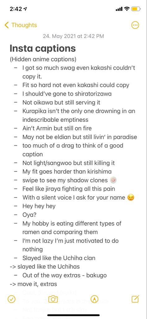 Anime
Naruto
Hidden anime captions
Instagram
Instagram captions Anime Lines For Bio, Anime Quotes For Bio, Weird Captions For Instagram Selfies, Aesthetic Anime Captions, Weeb Bios For Instagram, Weird Bio Ideas, Captions For Juice Pictures, Anime Captions For Instagram Aesthetic, Naruto Bio For Instagram