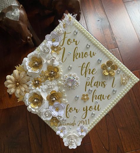 Hi everyone! this graduation cap topper is the perfect addition to your special day! It is made with heavy glitter card stock and permanent vinyl for the text. The paper flowers are all handmade by me and are what make my graduation cap toppers unique and elegant. This cap is made of high quality, durable materials that will keep you sparkling throughout your special day! How to attach to your graduation cap: There are double sided adhesive strips on the back, just peel off the backing and stick For I Know The Plans I Have For You Cap, God Inspired Graduation Cap, Grad Cap Scripture, Graduation Cap Designs Jeremiah 29:11, God Is Within Her She Will Not Fail Grad Caps, Grad Cap Inspo Christian, Graduation Cap Designs Scriptures, God Did Graduation Cap, God Is Within Her She Will Not Fail Graduation Cap