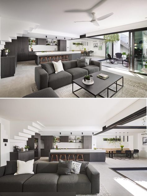 A Dark Grey Color Palette Is Consistently Found Inside And Outside This Modern House Dark Grey Color Palette, Charcoal Living Rooms, House Renovation Design, House In Australia, Grey Bed Frame, A Modern House, White Tile Backsplash, Grey Interior Design, Inside Decor