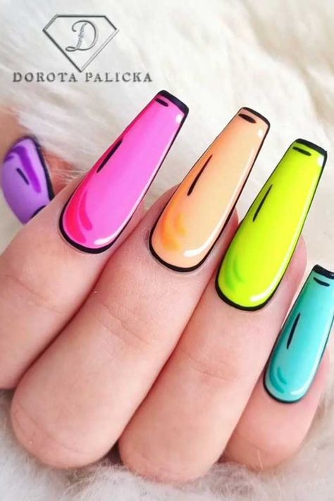 are you looking for awesome comic book nails? colorful, fun, creative Comic nail ideas pop art nails ideas here is, Perfect manicure to try this year. Neon Comic Nails, Neon Cartoon Nails, Pop Art Nails Designs Simple, Pop Art Nails Designs, Pop Nail Art, Comic Nail Art, Ig Nails, Book Nail Art, Comic Book Pop Art