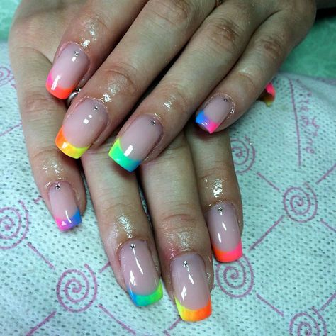 Rainbow Wedding Nails, Minimalist Pride Nail Art, Acrylic Nail Designs Rainbow, Rainbow French Tip Nails Short, Bright Summer Nails Designs Neon Fun Color Combos, Cute Neon Nails Short, Subtle Rainbow Nails, Rainbow Nails French Tip, Pride Nails Designs Short Nails