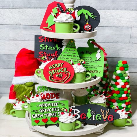 Christmas Tiered Tray Decor, Tray Decor Christmas, Christmas Tiered Tray, Tray Decoration, Christmas Wooden Signs, Grinch Christmas Decorations, Grinch Ornaments, Decor Bundle, Grinch Christmas