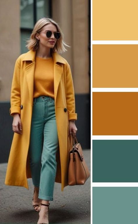 Professional Outfits Women Colorful, Color Block Palette, Jewel Tone Fashion, Purple And Green Outfit, Coordinates Outfits, Yellow Coat, Colour Combinations Fashion, Color Combos Outfit, Color Combinations For Clothes