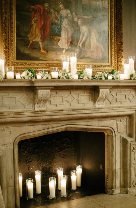 using candles to decorate a fireplace and mantel for wedding receptions, wedding ceremonies Wedding Fireplace, Nyc Taxi, Vintage Nyc, Fireplace Mantle Decor, Candles In Fireplace, Venue Decorations, Getaway Car, Taxi Cab, Wedding Table Decorations