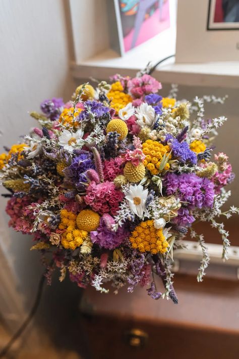 Colourful Dried Flower Bouquet, Colourful Dried Flower Arrangements, Colourful Dried Flowers, Whimsical Flower Bouquet, Dry Flowers Wedding, Dried Flower Wedding Bouquet, Wedding Dried Flowers, Garden Whimsical, Dried Flower Bouquet Wedding