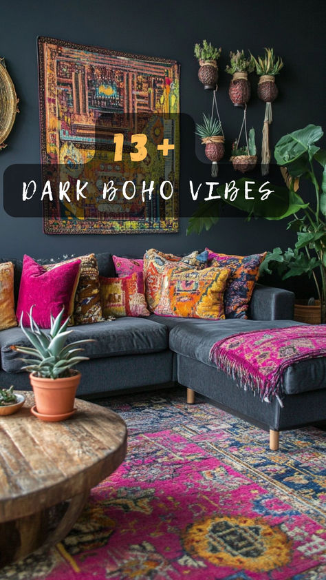 Elevate your living space with dark boho charm! Click to discover 13 ideas that blend rich colors and eclectic vibes. 🌑🌿 #BohoLivingRoom #DarkBoho #InteriorDesign #HomeDecor #EclecticStyle Maximalist Decor Bookshelf, Jewel Tone Lounge Room, Dark Boho Chic Living Room, Boho Vintage Decor Living Room, Boho Witch Living Room, Upscale Bohemian Decor, Dark Grey Boho Living Room, Dark Boho Wall Decor, Vintage Living Rooms Ideas