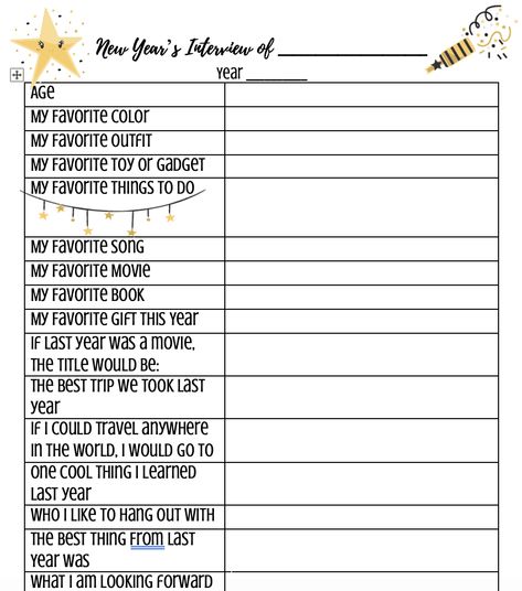 New Years interview for Kids - This great free printable is perfect for children, teens, adults, and even whole families. Also great for birthdays or to put in a time capsule. Celebrating New Year, Kids New Years Eve, New Year's Eve Activities, Bed Early, Silly Photos, Single People, New Year’s Eve, Time Capsule, New Years Eve Party