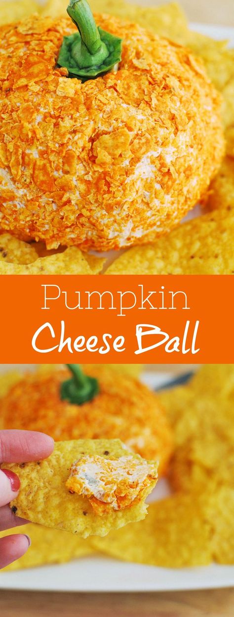 Pumpkin Cheese Ball - spicy cheese ball covered in Doritos and topped with a bell pepper stem! This is so cute for fall parties! Spicy Cheese Ball, Pumpkin Cheese Ball, Cheddar Cheese Ball, Fake Ginger, Savory Pumpkin, Spicy Cheese, Diy Easy Recipes, Savory Cheese, Cheeseburger Casserole