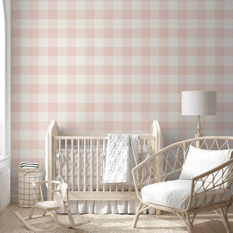 Jumbo Buffalo Check Plaid Blush Pink Off White Wallpaper Pink Plaid Nursery, Pink Baby Nursery Ideas, Pink Puppy Nursery, Blush Nursery Ideas, Pink Toddler Room, Pink Plaid Wallpaper, Pink Toddler Rooms, Pink Gingham Wallpaper, Off White Wallpaper