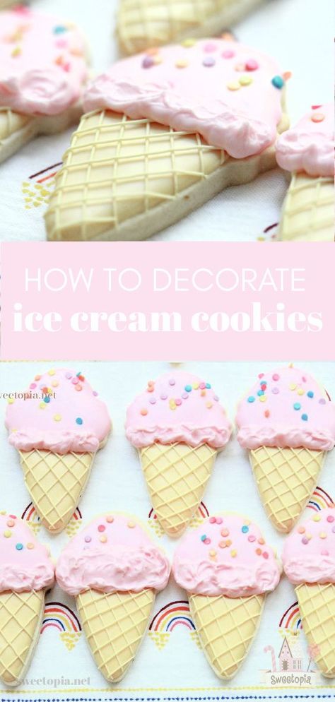 Cookie Decorating Ideas Summer, Icing Cookies Tutorial, Summer Sugar Cookies, Ice Cream Cone Cake, Ice Cream Decorations, Cookies With Royal Icing, Royal Iced Cookies, Decorated Cookies Tutorial, Sugar Cookie Royal Icing