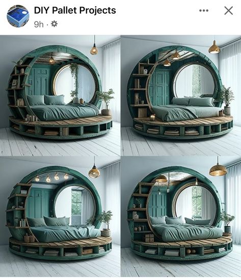 Round Bed Frame Wood, Cirle Bed, Interesting Bed Frames, Diy Circle Bed Frame, Corner Bed Frame Ideas, Moon Bed Frame, Circle Bed Frame, Round Bed Aesthetic, Circle Bed Aesthetic