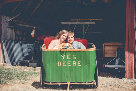 A john deere charriot, at our rustic homemade country wedding John Deere Wedding, Tractor Wedding, Farmer Wedding, Pink Tractor, Daisy Wedding, Lodge Wedding, Wedding Rustic, Dream Engagement, Dream Engagement Rings