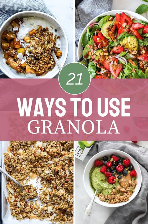 Do you love granola and want some inspiration on new ways to use it? Maybe you have a bag of granola in the pantry and you need some granola breakfast ideas? Here are 21 ideas for what to eat with granola, one of my favorite foods! Recipes Using Granola, What To Eat With Granola, Healthy Homemade Granola Recipe, Granola Snacks, Plant Based Recipes Breakfast, Health Women, Compote Recipe, Wellness Selfcare, Peanut Butter Granola