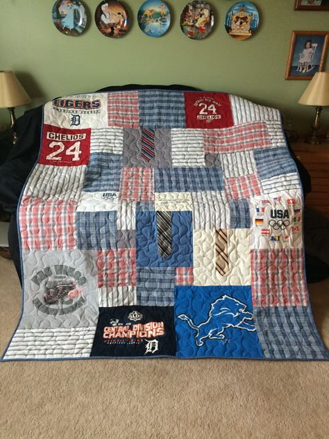 Memory Quilt Made from her Dad's clothes Necktie Quilt, Tee Shirt Quilt, Memory Blanket, Memory Quilts, Keepsake Quilting, Tshirt Quilt, Memory Pillows, In Memory Of Dad, Dads Clothes