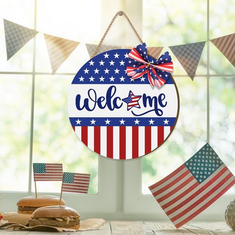 PRICES MAY VARY. 4th of July Themed Design: Patriotic welcome sign is designed with classic red, white and blue American flag elements, with cute and vivid Welcome letters, five-pointed stars elements printed on the board. This 4th of July door sign is suitable for Independence Day home decor and add a strong patriotic atmosphere to your house. Please Note: The bow-knot is not glued on the Patriotic welcome sign, you can DIY decorate it. Various Occasions Decor: 4th of July wreath is suitable fo Patriotic Welcome Sign, Welcome Door Sign, Usa Party, Welcome Door Signs, July Wreath, Welcome Letters, American Independence, Welcome Door, Bow Knot