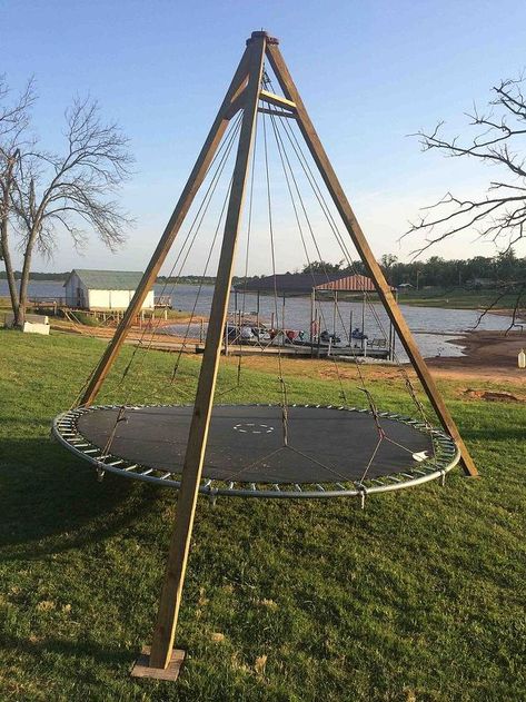 Built this using a trampoline top given to me by a friend, 3 4x4's, some rope and hardware. Still have to add canopy, mattress pad, and pillows to complete, but pretty comfy right now. Makes for good relaxation at the lake. Trampoline Hammock Diy, Trampoline Hammock, Diy Trampoline, Diy Outdoor Living, Recycled Trampoline, Trampoline Bed, Backyard Lounge, Old Trampoline, Backyard Accessories