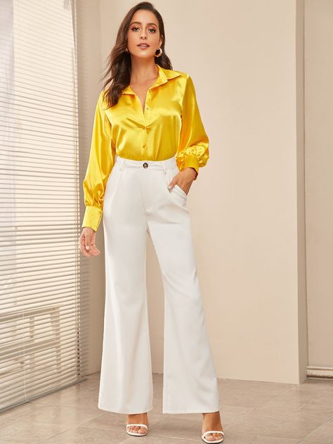 Solid Button Front Satin Blouse | SHEIN Satin Bluse, Textile Pattern Design, Satin Blouses, Top Shirt Women, Satin Blouse, Type Of Pants, Shein Style, Casual Street Style, Bottom Clothes