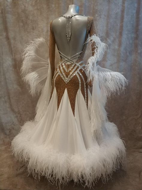 White Ballroom Dress, White Ballroom Dance Dress, Smooth Ballroom Competition Dresses, Ballroom Dance Dresses Standard, Ballroom Dance Outfits, Ballroom Dance Dresses Latin Samba, Ballroom Gowns Dance, Standard Dance Dress, Yellow Ballroom Dance Dress