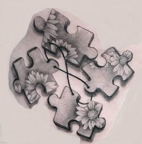 Puzzle Piece Tattoo With Flowers, Puzzle Tattoo Ideas, Puzzle Piece Tattoo, Puzzle Tattoos, Magic Runes, White Ink Tattoo, Color Puzzle, Leg Tattoos Women, Memorial Tattoo