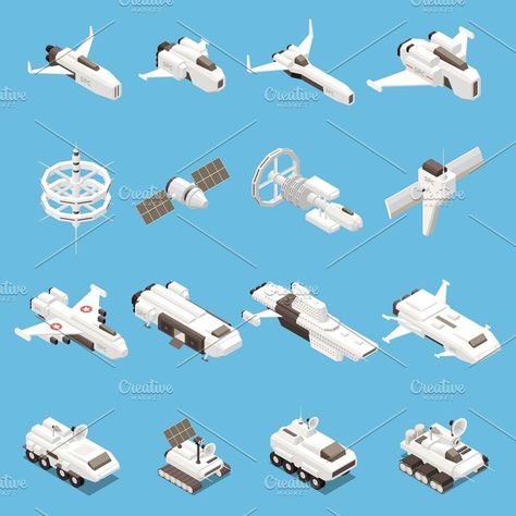 Space ships and stations icons set Minecraft Spaceship, Space Station Illustration, Isometric Icons, Spaceship Illustration, Space Graphics, 3d Vector Illustration, Ship Vector, Isometric Map, Isometric Drawing