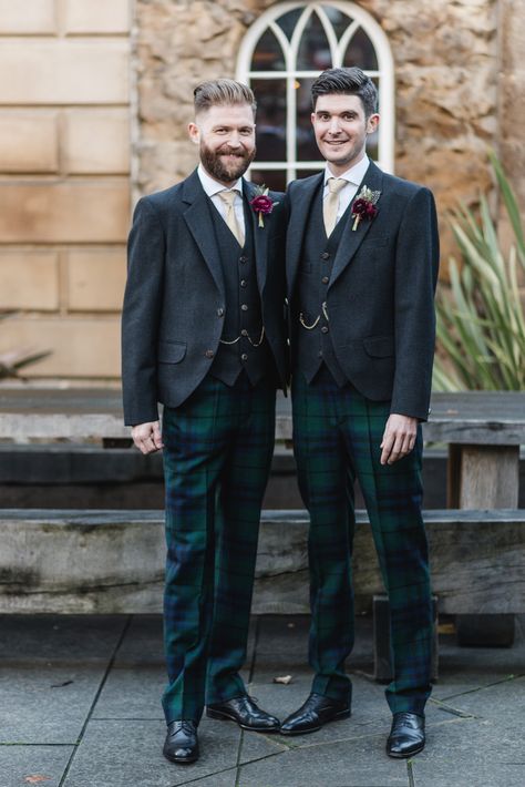 Groom & Groomsmen In Tartan Trousers | Marc Millar Photography Tartan Trousers Men Wedding, Tartan Trousers Men, Tartan Wedding Suit, Tartan Trousers Outfit, Majorca Wedding, Tartan Wedding Dress, Grooms Outfits, Fall Wedding Groomsmen, Kilted Men