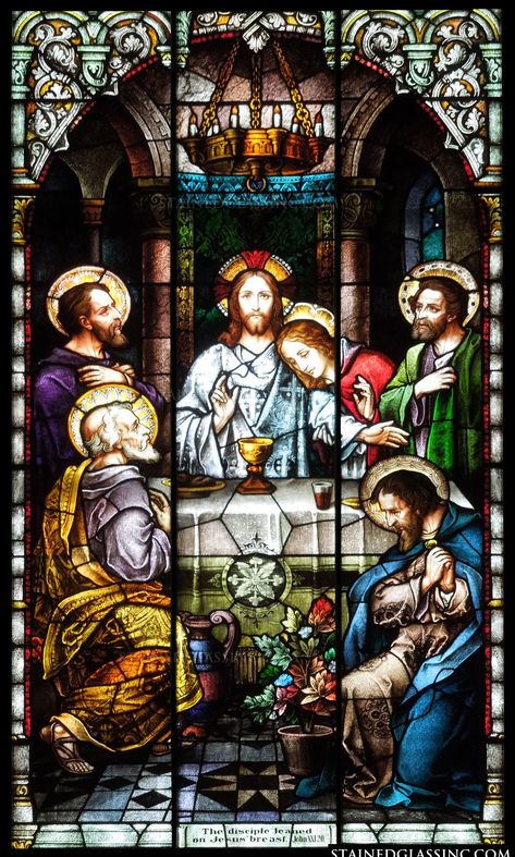 A gorgeous Gothic frame borders this stained glass masterpiece which depicts the Last Supper. Catholic Church Stained Glass, Gothic Frame, Stained Glass Windows Church, Dove Pictures, Stained Glass Church, Glass Window Art, The Last Supper, Church Windows, Truck Art