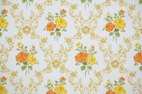 Retro Wallpaper Vintage, Rose Floral Wallpaper, 1970s Wallpaper, Vintage Wallpaper Patterns, Antique Wallpaper, 80s Floral, Crafting Inspiration, Yellow Decor, Floral Damask