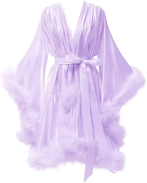 yinyyinhs Sexy Feather Robes Dressing Gowns Nightwear Shiny Smooth Silk Satin Plush Fur Cuff Short Nightie at Amazon Women’s Clothing store Fancy Robes, Pink 90s, Bridal Dressing Gown, Elegantes Business Outfit, Sleepwear Black, Pijamas Women, Lingerie Nightgown, Fotografi Iphone, Bridal Robe