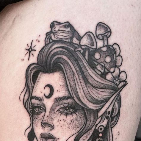 @laurbo_ink on Instagram: "✨Mushroom Girly✨ A custom fairy babe today for Caitlin 🍄🌸🌿 #tattoo #tattooartist #tattooideas #blackwork #blackworktattoo #manchestertattoo #yorkshiretattoo #thightattoo #fairytattoo #fairy #mushroomtattoo" Elf Tattoo, Sarah Tattoo, Nature Tattoo Ideas, Face Tattoos For Women, Unique Tattoos For Women, Choose Her, Mushroom Tattoos, Nature Tattoo, Fantasy Tattoos