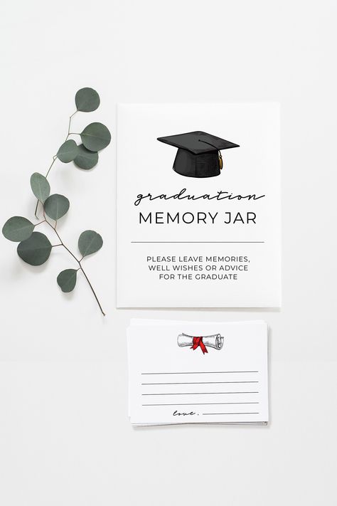 ELLERY MINIMALIST GRADUATION MEMORY JAR SIGN AND CARDS PRINTABLE DOWNLOAD Graduation Party Ideas Minimalist, Graduation Table Decorations Ideas, Graduation Party Ideas Aesthetic, Memory Jar Graduation, Graduation Display, Grad Party Theme, Graduation Party Cards, Graduation Memories, Graduation Table