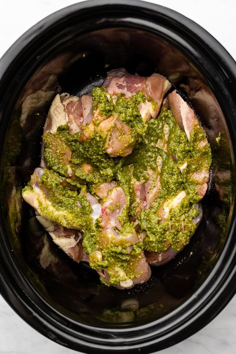 2-Ingredient Crockpot Pesto Chicken Thighs Recipe Pesto Chicken Crockpot Recipes, Pesto Chicken Pasta Crockpot, Chicken Pesto Crockpot, Pesto Crockpot Chicken, Pesto Chicken Crockpot, Crock Pot Pesto Chicken, Slow Cooker Chicken Pesto, Slow Cooker Pesto Chicken, Boneless Chicken Thighs Crockpot