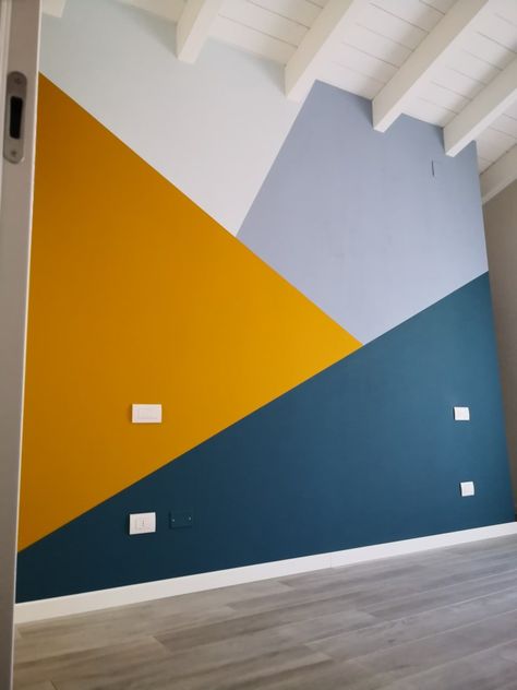 Geo Painted Wall, Painted Geometric Wall, Geometric Wall Design Ideas, Blue And Yellow Wall Paint Ideas, How To Paint Geometric Patterns On Wall, Graphic Wall Painting Ideas, Color Blocked Walls, Multi Color Wall Paint Ideas, Painted Shapes On Wall