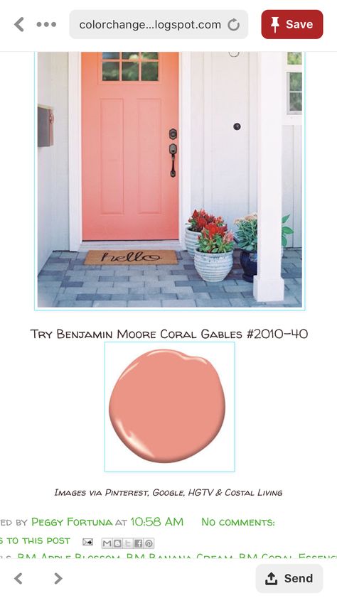 Coral Paint Colors Benjamin Moore, Salmon Door Color, Benjamin Moore Coral Gables, Coral Front Door Gray House, Coral Front Doors Color Schemes, Salmon Colored Front Door, Coral Gables Benjamin Moore, Peach Door Exterior, Salmon Front Door Paint Colors