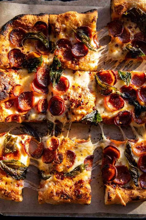 Pomodoro Pepperoni Pizza | halfbakedharvest.com Super Bowl Pizza, Pepperoni Pizza Recipe, Pesto Potatoes, Half Baked Harvest Recipes, Pizza Appetizers, Buffalo Chicken Pizza, Harvest Recipes, Homemade Tomato Sauce, Pizza Pie