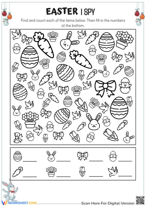 Join the Easter excitement with our Easter I Spy worksheet. Can you find all the Easter goodies hidden in this picture? This game would be perfect for any holiday classroom party, a rainy day activity, or something to do during a play date. Easter Worksheets, Rainy Day Activity, Counting For Kids, Egg Pattern, Easter Egg Pattern, Easter Preschool, Holiday Classroom, Easter Printables Free, Easter Goodies