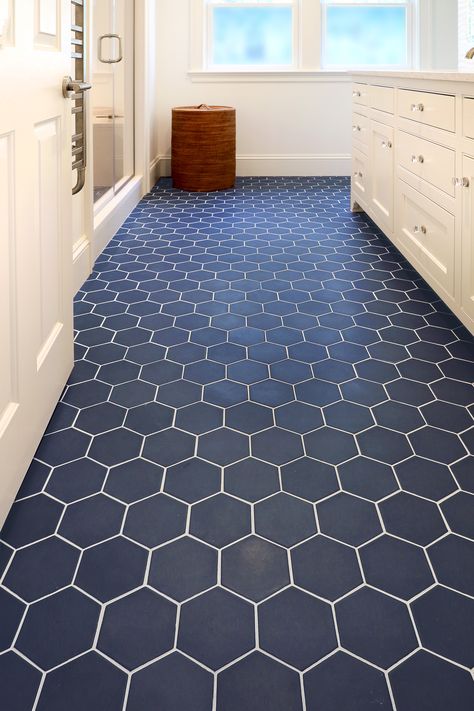 5 inch Hexagon tile in C340 from Pratt + Larson Bathroom With Blue Floor Tile, Bathroom Blue Tile Floor, Blue Floor Tile Bathroom, Kids Bathroom Tile Ideas, Navy Hexagon Tile Bathroom, Navy Blue Hexagon Tile Bathroom, Blue Hexagon Tile Bathroom, Blue Hexagon Shower Tile, Blue Bathroom Floor